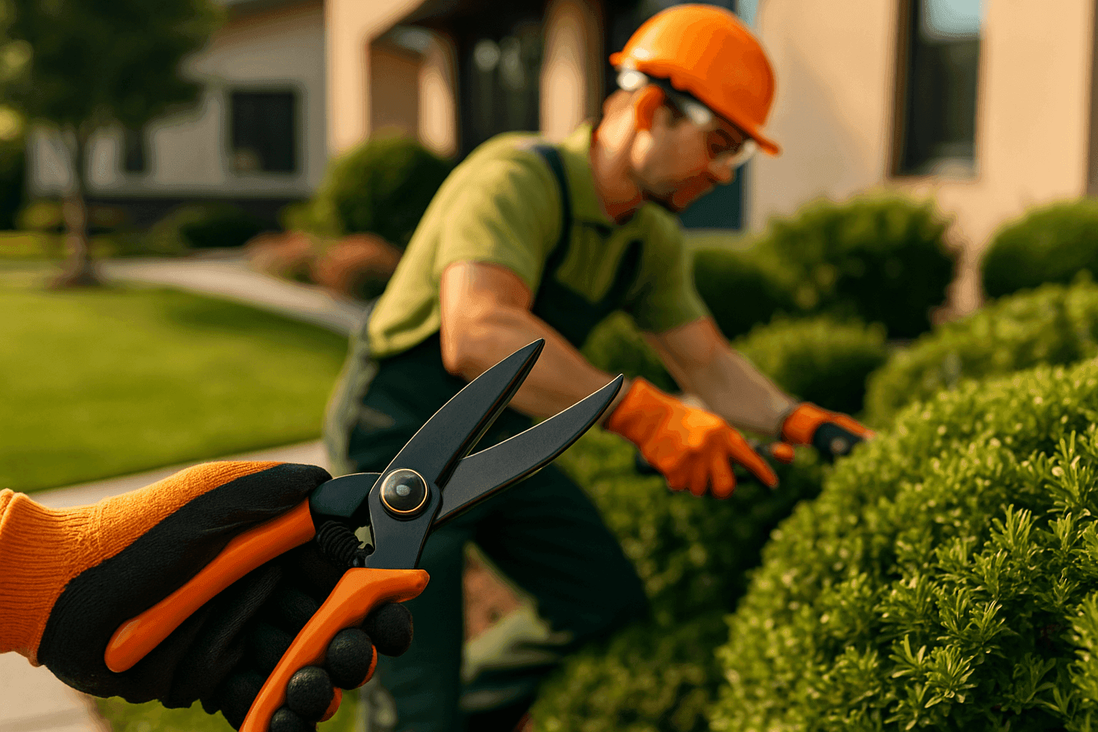 Professional landscaper wearing gloves and helmet pruning shrubs at a well-maintained property