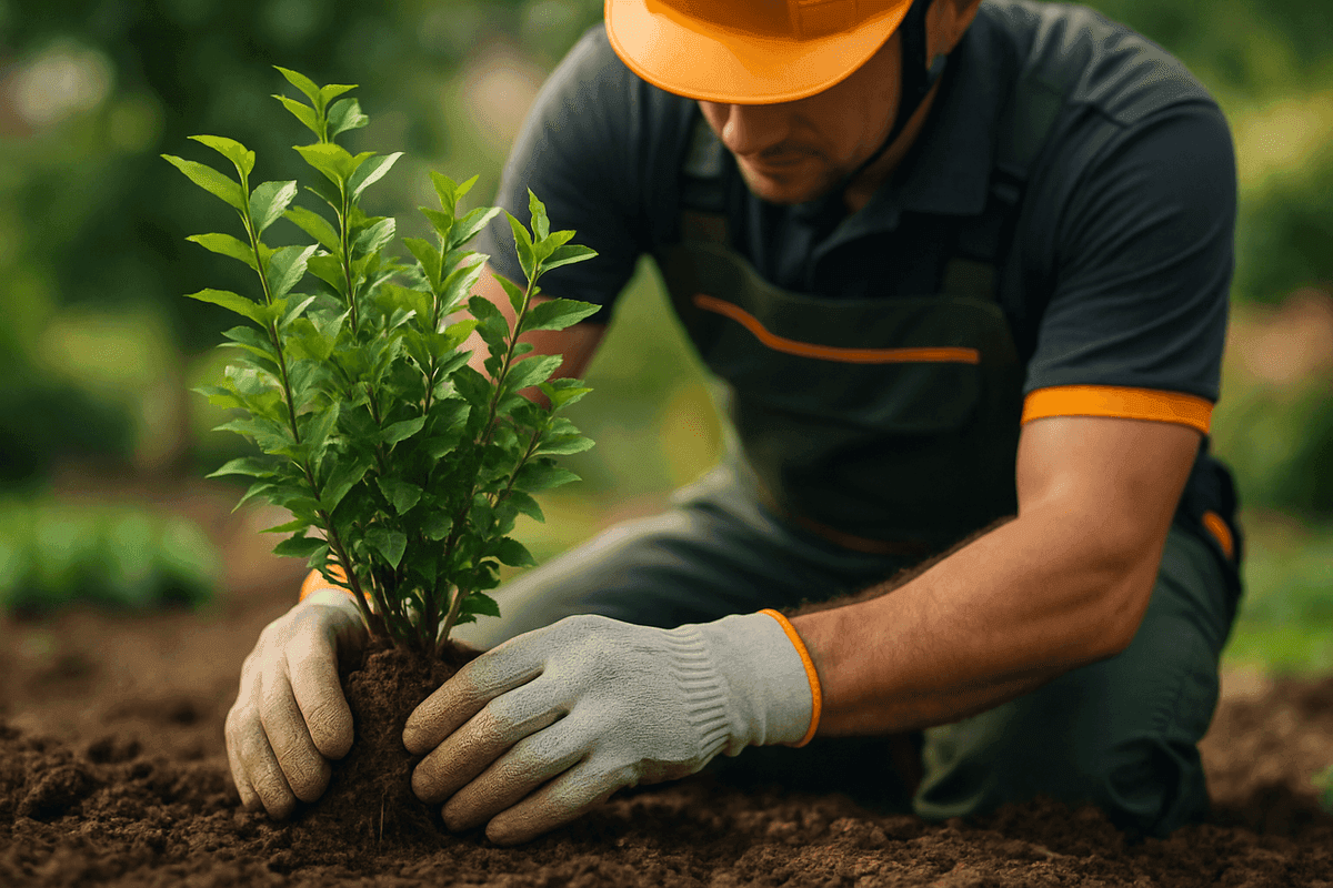 Gloved hands of landscaper planting young shrub in rich soil at tidy garden site